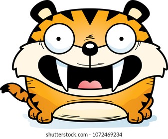 A cartoon saber-toothed tiger cub happy and smiling.