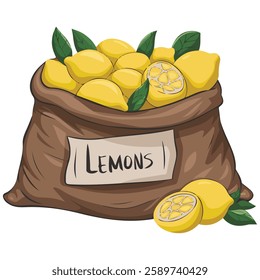 Cartoon Sack with Lemons and Vegetables Vector Illustration