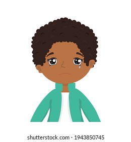 Cartoon sad african american boy starts crying