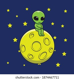 Cartoon sad alien on the moon. Flat cartoon style suitable for web landing page, banner, flyer, sticker, card, children books and etc.