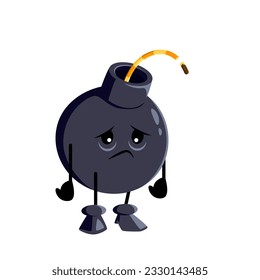 Cartoon sad bomb character, explosive weapon personage with extinguished wick or fuse express feeling of disappointment and failure as if it missed its chance to explode. Isolated vector unhappy emoji