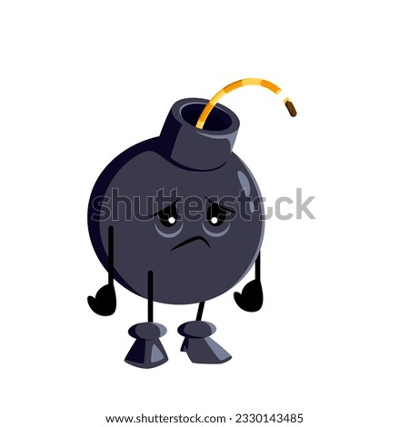 Cartoon sad bomb character, explosive weapon personage with extinguished wick or fuse express feeling of disappointment and failure as if it missed its chance to explode. Isolated vector unhappy emoji
