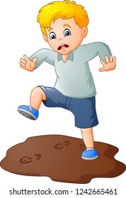 Cartoon sad boy with a mud puddle