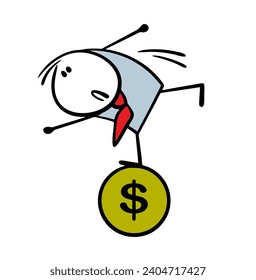 Cartoon sad businessman stands on one leg and balances on a coin with a dollar. Vector illustration of a man in  business suit drawing, trading currency. Isolated funny character on white background.