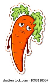 Cartoon sad carroot sticker. Vector illustration. Isolated on white.