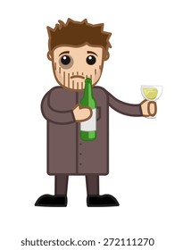 Cartoon Sad Character Drinking Wine Concept