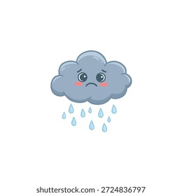 Caricatura triste nube con gotas de lluvia. Icono de Clima aislado en blanco. Nube de tormenta de lluvia en estilo plano. Mal Clima. Ilustración vectorial
