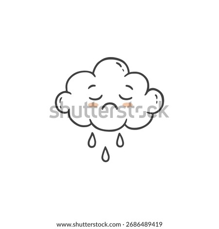 Cartoon sad cloud wiht drops of rain. Weather Icon isolated on white. Rain storm cloud in doodle style. Bad weather. Vector illustration