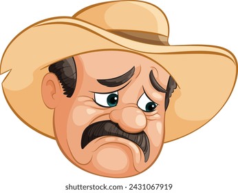 Cartoon of a sad cowboy with a large hat.