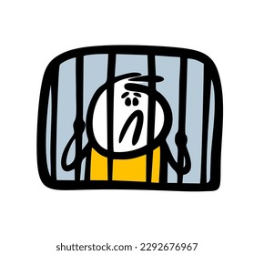 Cartoon sad criminal is sitting in prison behind bars and holding on to the bars in the window. Vector illustration of a convicted stickman.