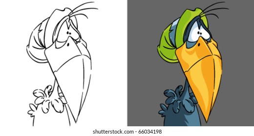 Cartoon sad crow vector illustration. Hand drown bird template easy editable for book design.