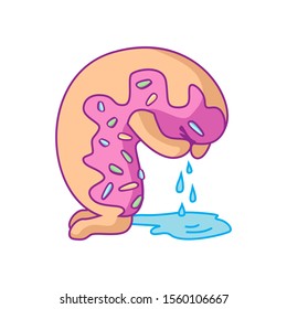 Cartoon sad crying donut character with pink glaze makes a puddle of tears. For stickers, greeting cards, party invitations, posters, prints and books