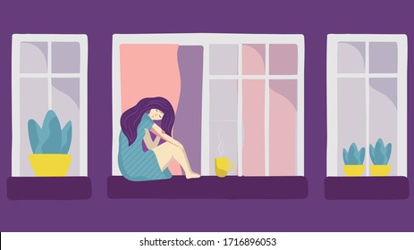 Cartoon sad depression young woman sitting alone home near by window with hot tea or coffee, illustration vector. unhappy girl with long hair, female depression. Loneliness, sadness concept