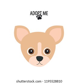 Cartoon sad dog. Adopt me. Cute pooch character. Funny baby puppy. Love Greeting card. Flat design. White background Isolated.