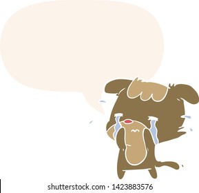 caricatura perro triste llorando con burbuja de habla en estilo retro