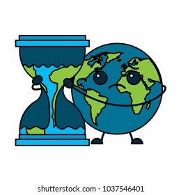 cartoon sad earth planet embrace hourglass clock vector illustration