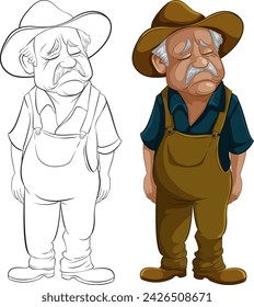 Cartoon of a sad elderly farmer in overalls