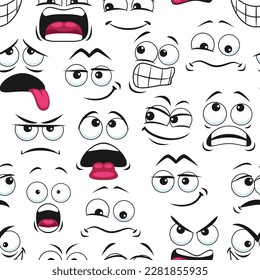 Cartoon sad emoji faces seamless pattern, giggle smile emoticons vector background. Funny kawaii or big eye faces pattern of sad, angry, shouting or scared and upset comic emoji with tongue and teeth