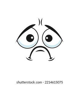 Cartoon sad face, vector unhappy or upset emoji, tragic facial expression with plaintive look and corners of the mouth curve down. Negative feelings, sadness emotion isolated on white background