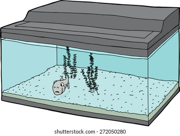 Cartoon of sad fish inside isolated aquarium