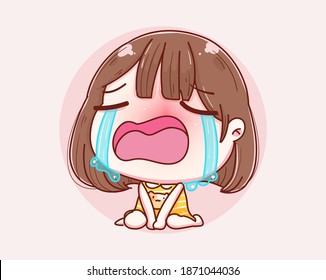 Cartoon Sad Girl Crying And Vector Character Design.