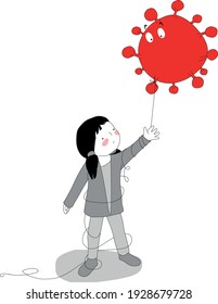 A Cartoon Sad Girl Holding A Balloon With Her Hand, Which Is A Coronavirus