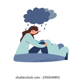 Cartoon Sad Girl Sitting Cloud Overhead Stock Vector (Royalty Free ...