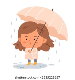 Chica triste de dibujos animados con un paraguas bajo la lluvia. Chica triste está en un estado estresante.