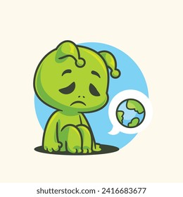 Cartoon sad green alien cute mascot design