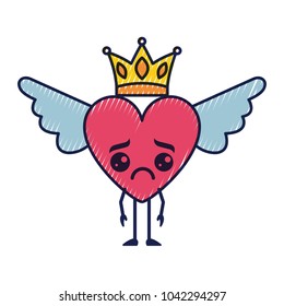 cartoon sad heart in love kawaii wings and crown