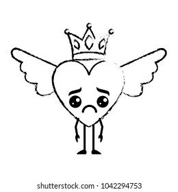 cartoon sad heart in love kawaii wings and crown