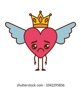 cartoon sad heart in love kawaii wings and crown