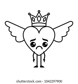 cartoon sad heart in love kawaii wings and crown