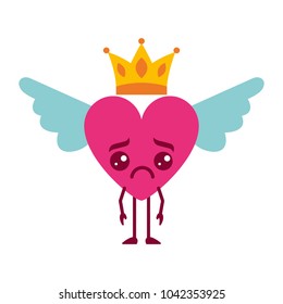cartoon sad heart in love kawaii wings and crown vector illustration