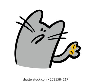 Gatito triste de dibujos animados mira un par de monedas en su pata. Ilustración vectorial de un gato gris, una pobre mascota hambrienta.