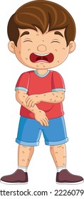 Cartoon sad little boy with chickenpox