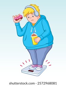 Cartoon of a sad looking overweight teenage boy standing on a scale and weighing himself while holding a cake donut, chocolate malt and wearing headphones.