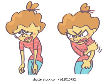 Cartoon Of Sad And Mad Girl Preparing To Fight.