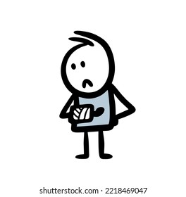 Cartoon sad man with the arm is in a cast and unhappy face. Vector illustration of sick stickman and body pain.