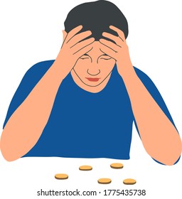 Cartoon sad man counts his money from piggy piggy bank. Bankruptcy and unemployment concept. A man or woman is thinking about finances. Flat vector illustration