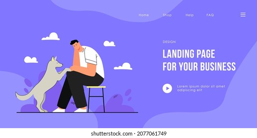 Cartoon sad man with dog flat vector illustration. Male character sitting on chair and looking at pet touching his knees. Stress, sadness, trouble, animal, pet, support concept for banner design