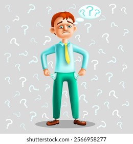 Cartoon sad man with empty pockets in his pants on the background of question marks. Bankruptcy concept. Man has no money. Vector illustration.