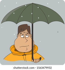 Cartoon sad man in the rain with an umbrella in a yellow raincoat