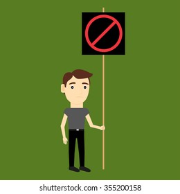 Cartoon sad man with stick banner. Vector illustration.