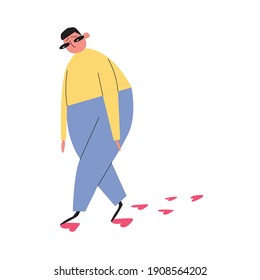 Caricatura triste hombre. Rastros de corazones en el camino. Desglose de la relación. Ilustración vectorial plana de color. Todos los elementos están aislados. Un hombre melancólico dibujado a mano.
