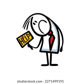 Cartoon sad office worker bowed his head in distress and holds a sign asking for help. Vector illustration of businessman with finance problems. 