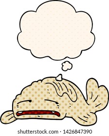 cartoon sad old fish with thought bubble in comic book style