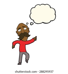 cartoon sad old man pointing with thought bubble
