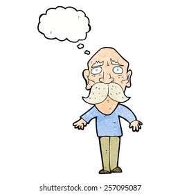 caricatura triste anciano con burbuja de pensamiento