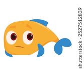 Cartoon sad orange fish with blue fins looking with big eyes